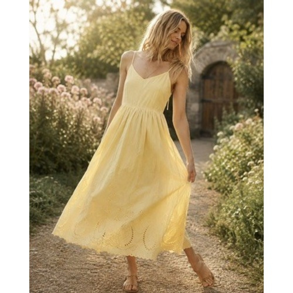 Calypso St Barth Yellow Eyelet Cotton Maxi Dress Smocked Back Pockets Size 2